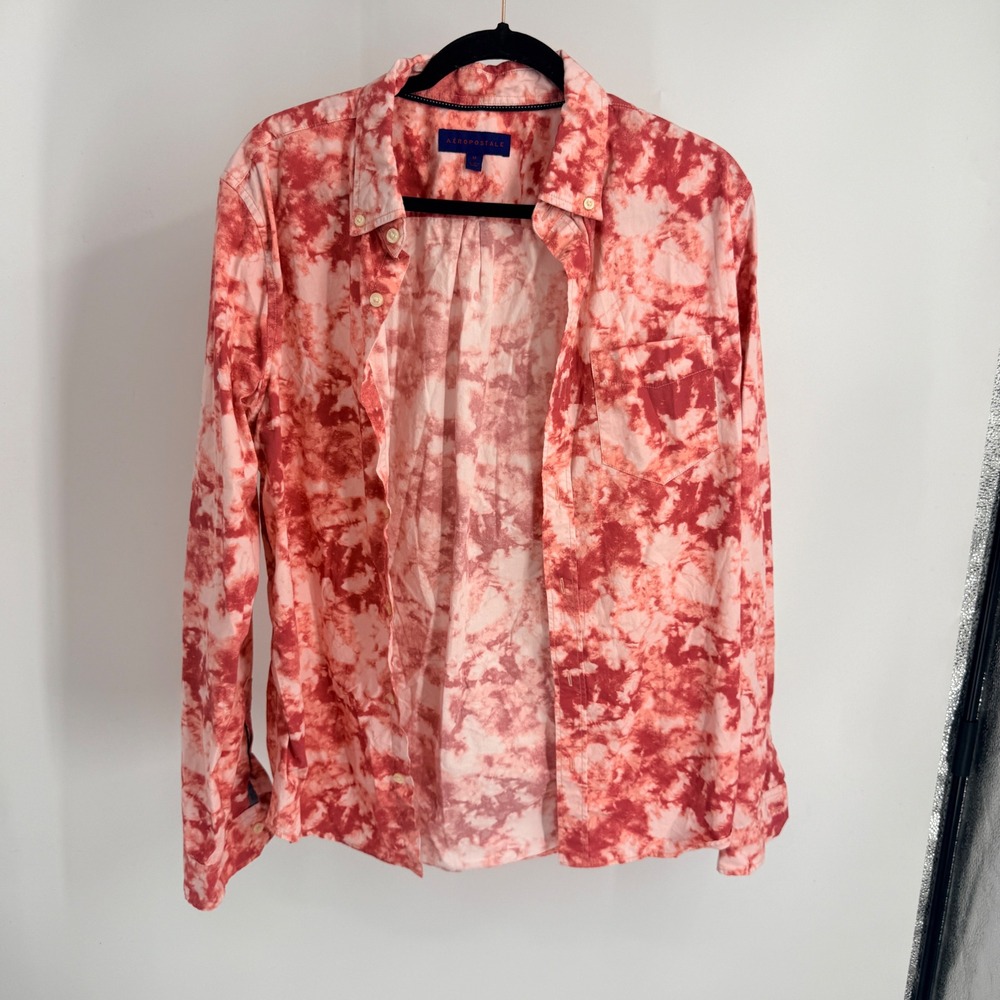 Aeropostale Mens Red White Tie Dye Long Sleeve‎ Button Down Shirt Size M